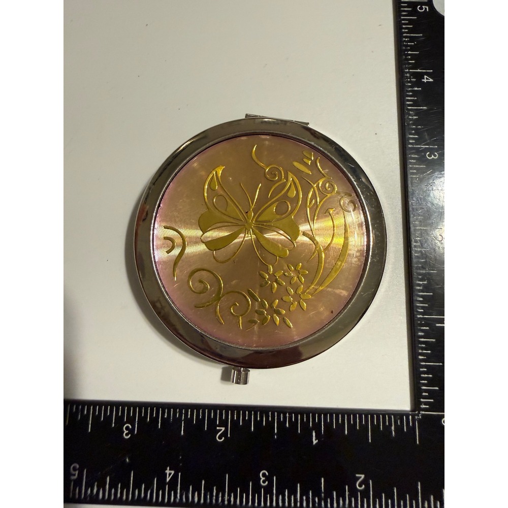 Mallorca Spain Souvenir Compact Mirror Butterfly Iridescent Pink Silver Tone‎